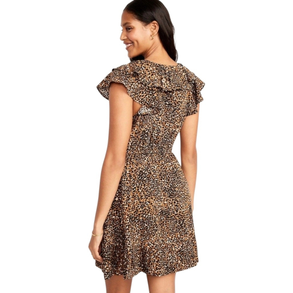 Old Navy Leopard Fit & Flare Dress Double Ruffle Sleeves | Drawstring Waist XXL - Picture 5 of 13